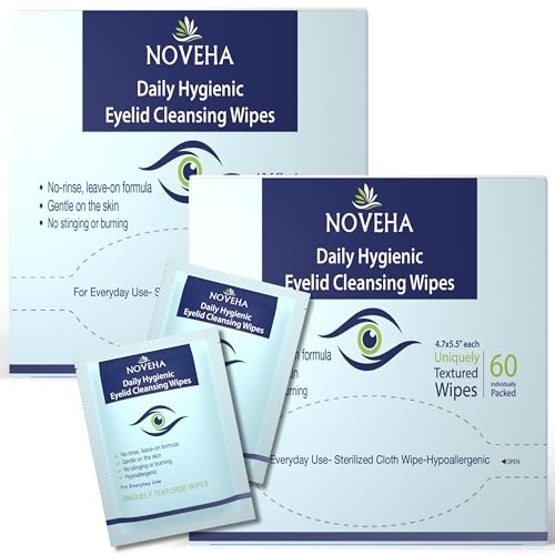 NOVEHA Daily Hygienic Eyelid & Lash Wipes | 120 Individually Wrapped Cleansing Eyelash Wipes - For Blepharitis & Itchy Eyes, Demodex and Natural Makeup Remover & Daily Cleanser