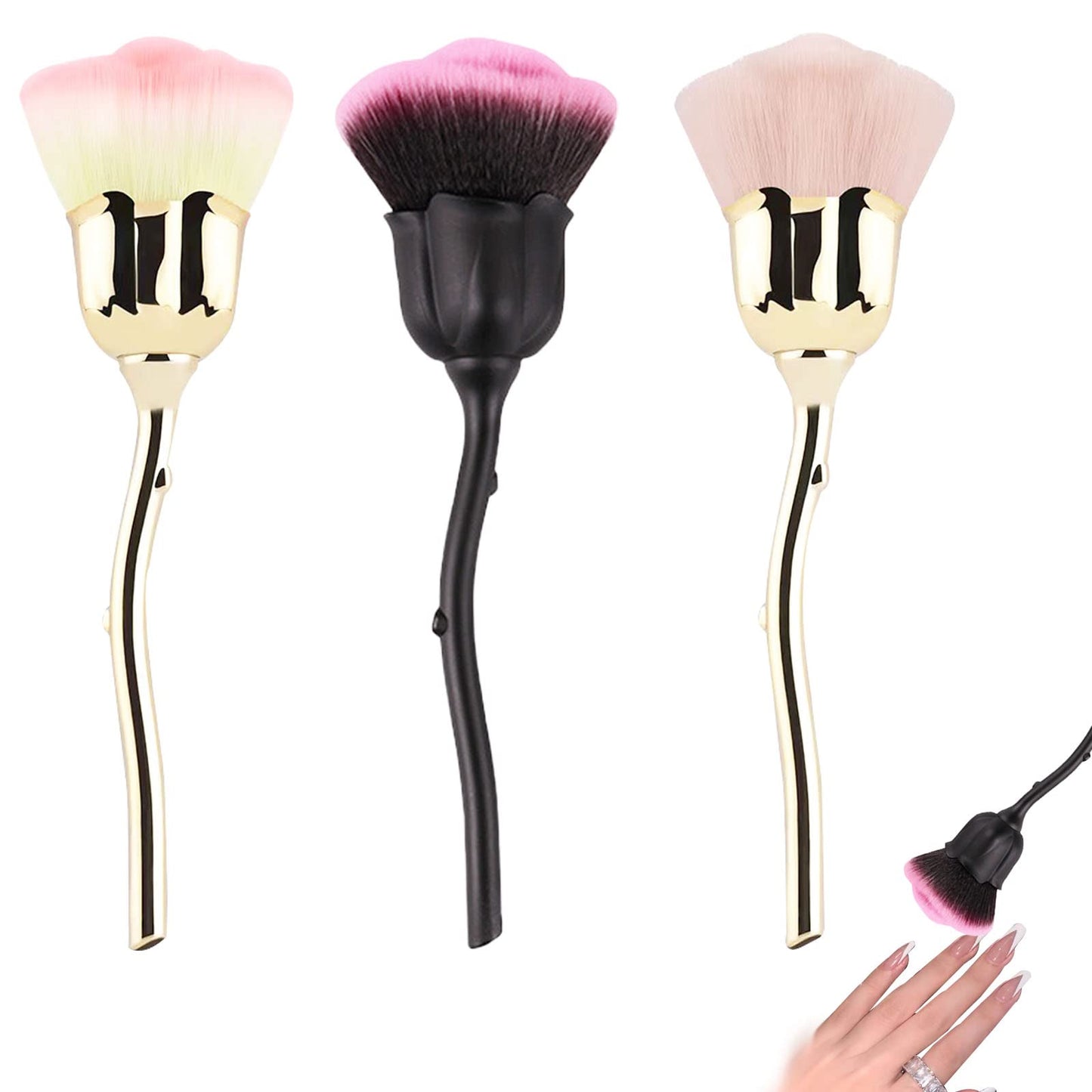 3 Pcs Nail Art Dust Powder Remover Cleaner Brush, Rose Shape Long Handle Nail Art Brush for Nail Trimming Cleaning Makeup Brush Tools
