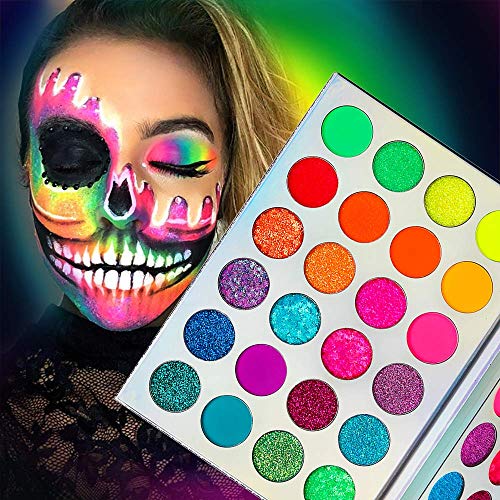 Afflano Neon Makeup Palette Eyeshadow, Glow in the Dark Neon Eyeshadow Palette Highly Pigmented, Neon Party UV Blacklight Eye Shadow Pallet, Red Orange Pink Pressed Glitter Eyes Makeup Palette
