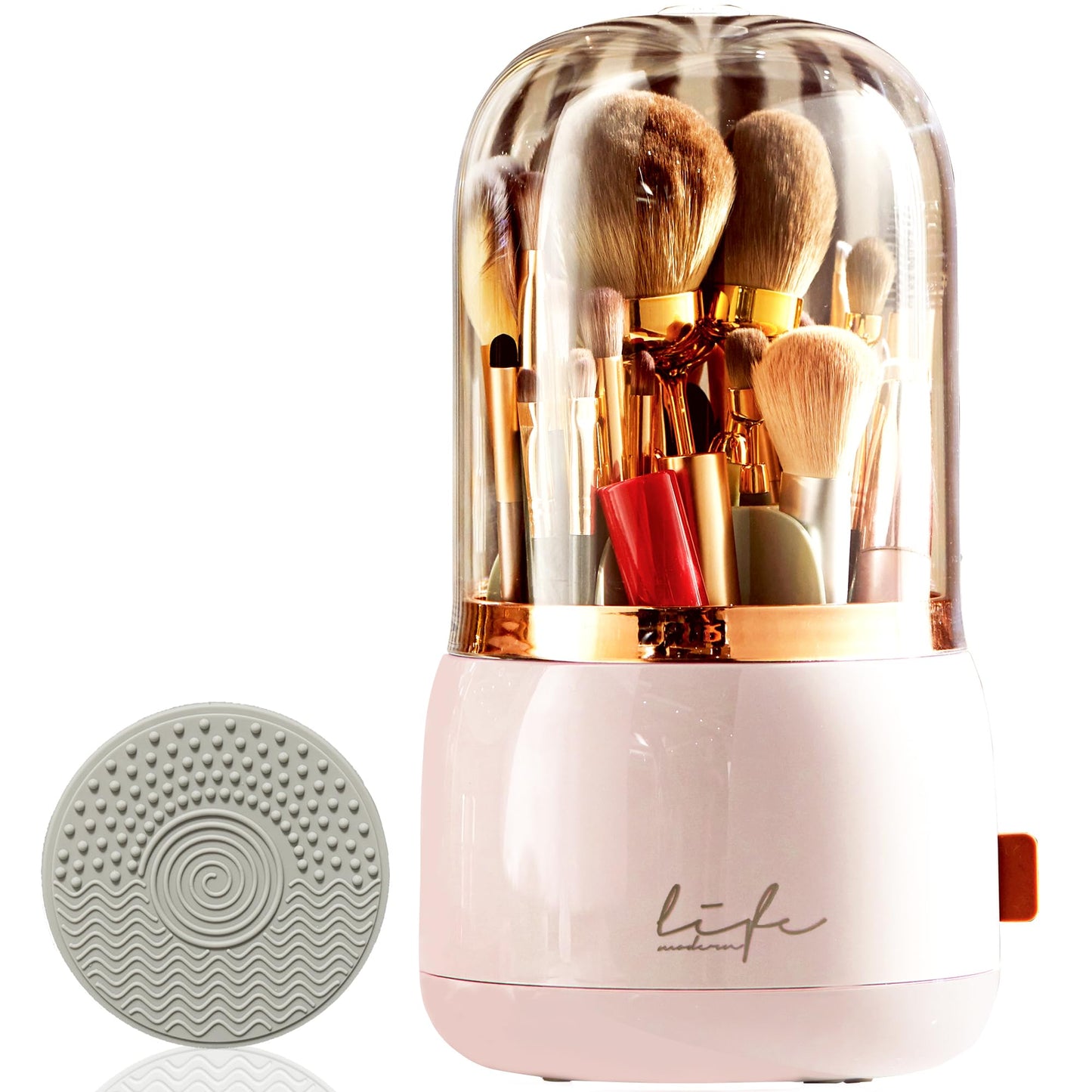 Nicepicten Makeup Brush Holder Organizer with Lid, Pink 360 Rotating Makeup Organizer for Vanity, Countertop, Bathroom - Cosmetics Spinning Make Up Organizers and Storage Makeup Brush Cup with Cover