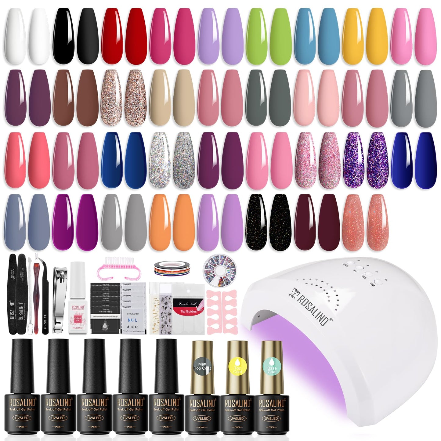 ROSALIND 54PCS Gel Nail Polish Kit with U V Light 48W Nail Lamp, 35 PCS Classic Gel Nail Kit Base Top Coat and Nail Art Manicure Tools Starter Kit DIY Decoration Nail Home Kit for Women
