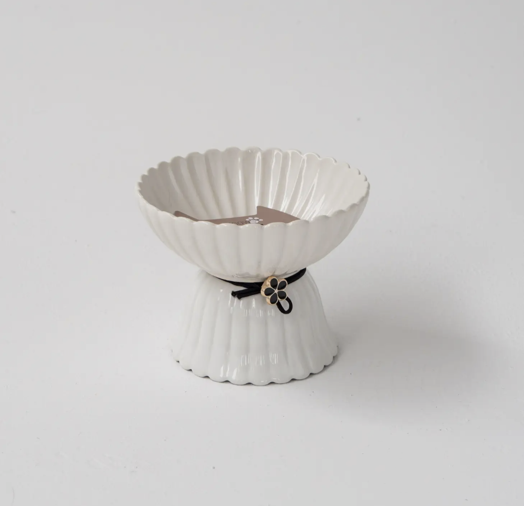 Cat Ceramic Bowl - White & Black Flower