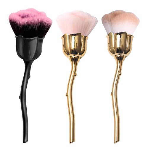 MOLILON 3Pcs Nail Art Dust Powder Remover Cleaner Brush, Rose Shape Soft Manicure Brush Acrylic Nail Art Brush for Nail Trimming Cleaning Makeup Brush Tools
