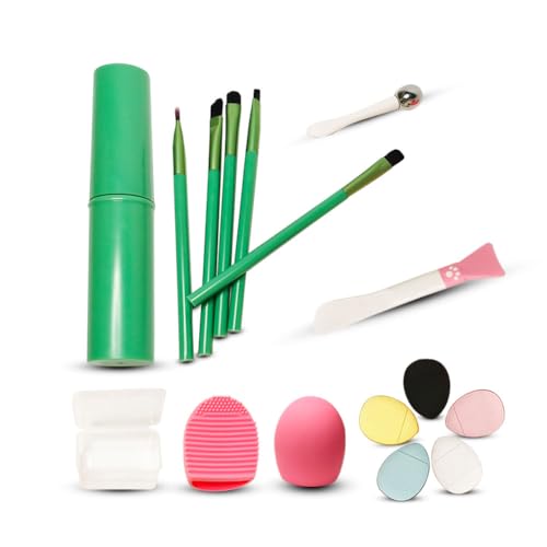 Makeup Brush Set 18 Pcs，Travel Portable Mini Eye Makeup Brush Set (Green），Facial Mask Brush, Scrubber, and Finger Puff and Eye Cream Massage Sticks