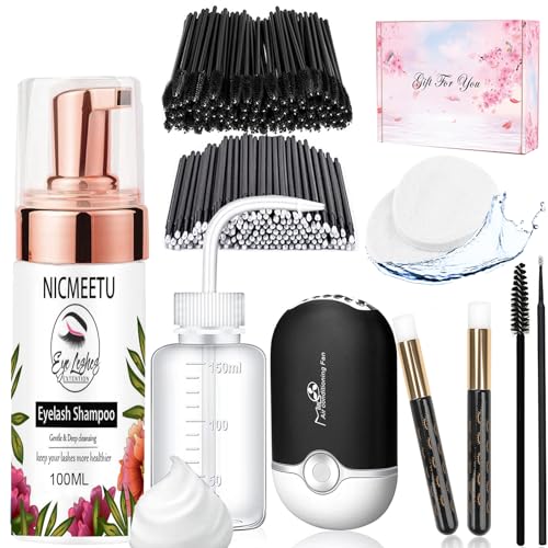 NICMEETU 100ML Lash Shampoo for Lash Extensions.Gentle Eyelash Cleanser 1 Pcs USB Lash Fan 50 Pcs Eyelash Brushes 100 Pcs Micro Brush 2 Pcs Lash Shampoo Brush 2 Pcs compressed Sponge and Rinse Bottle