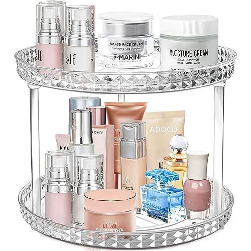 2 Tier Diamond Lazy Susan Bathroom Organizer Countertop, Clear 360 Rotating Cosmetic Makeup Organizer for Vanity, Skincare Organizers Perfume Organizer for Counter - Organization and Storage -9.25INCH