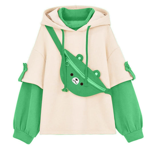 Aniywn Women Girls Cosplay Sweater Hoodie Cute Ears Costume Jacket Color Patchwork Pullover Shirt Top (Large, Green)