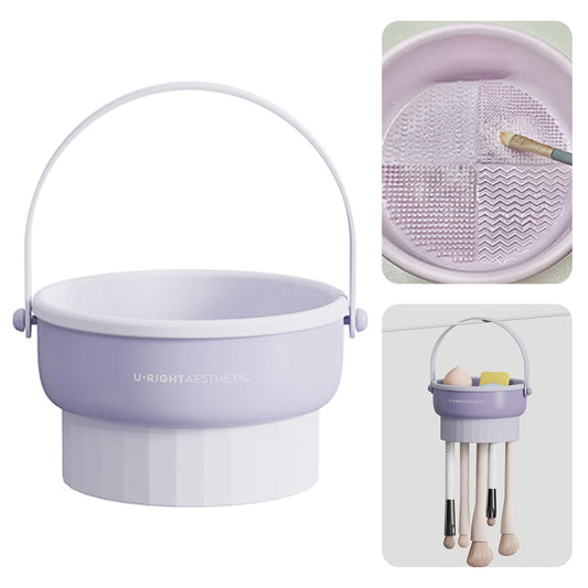 Silicone Makeup Brush Cleaner Mat 3 in 1 Cosmetic Brush Cleaning Bowl Makeup Brush Washing Drying Holder Portable Makeup Brush Storage Organizer Holder (Purple)