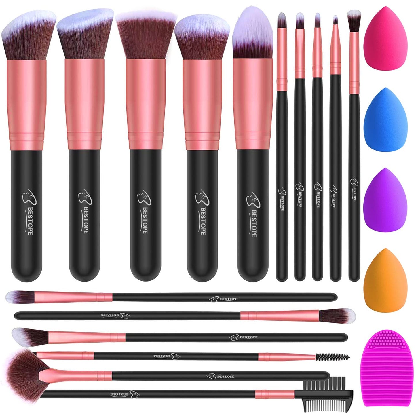 BESTOPE Makeup Brushes 16PCs Makeup Brushes Set with 4PCs Beauty Blender Sponge and 1 Brush Cleaner Premium Synthetic Foundation Brushes Blending Face Powder Eye Shadows Make Up Brushes Tool…