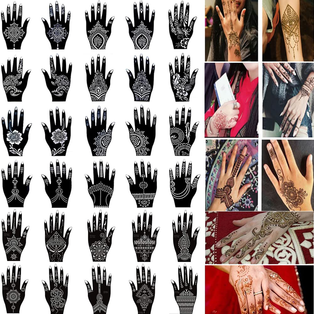 30 Sheets Henna Tattoo Kit Stencil, Glitter Temporary Tattoo Templates Set, Indian Henna Tattoo Sticker Kit For Body Art Painting (2)