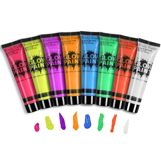 GARYOB UV Blacklight Face Body Paint Glow in the Dark Neon Fluorescent 0.85oz Set of 8 Bright Colors, Halloween Washable Body Paint for Kids Adult