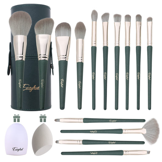 Makeup Brush Set 16 Pcs Premium Synthetic Kabuki Foundation Powder Concealer Brushes for Face Cosmetic Eyeshadow Eyebrow Eyeliner with Makeup Sponge Brush cleaner in Storage Case, (Green)