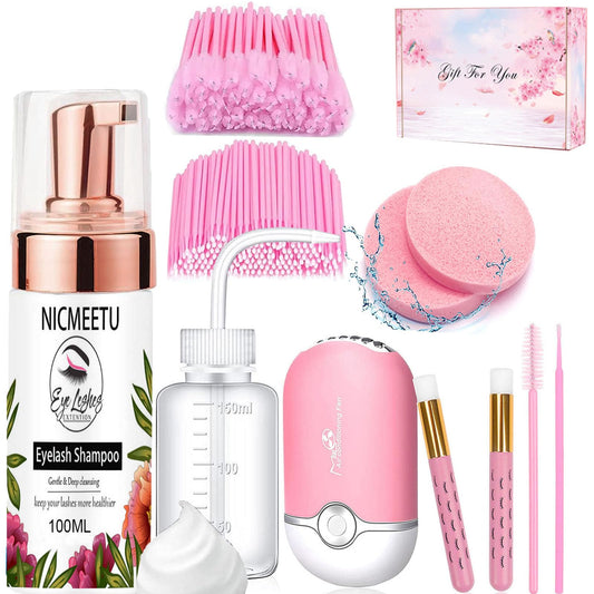 NICMEETU 100ML Lash Shampoo for Lash Extensions.Lash Cleaning Kit with 1 Pcs USB Lash Fan 50 Pcs Eyelash Brushes 100 Pcs Micro Brush 2 Pcs Lash Shampoo Brush 2 Pcs compressed Sponge and Rinse Bottle