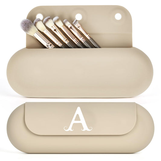 ibeacos Makeup Brush Holder Silicone, Travel Makeup Bag Pouch Brush Organizer, Makeup Brush Case with Brush Cleaner Inside Travel Essentials Gift for Mothers' Day/Birthday (Initial A)