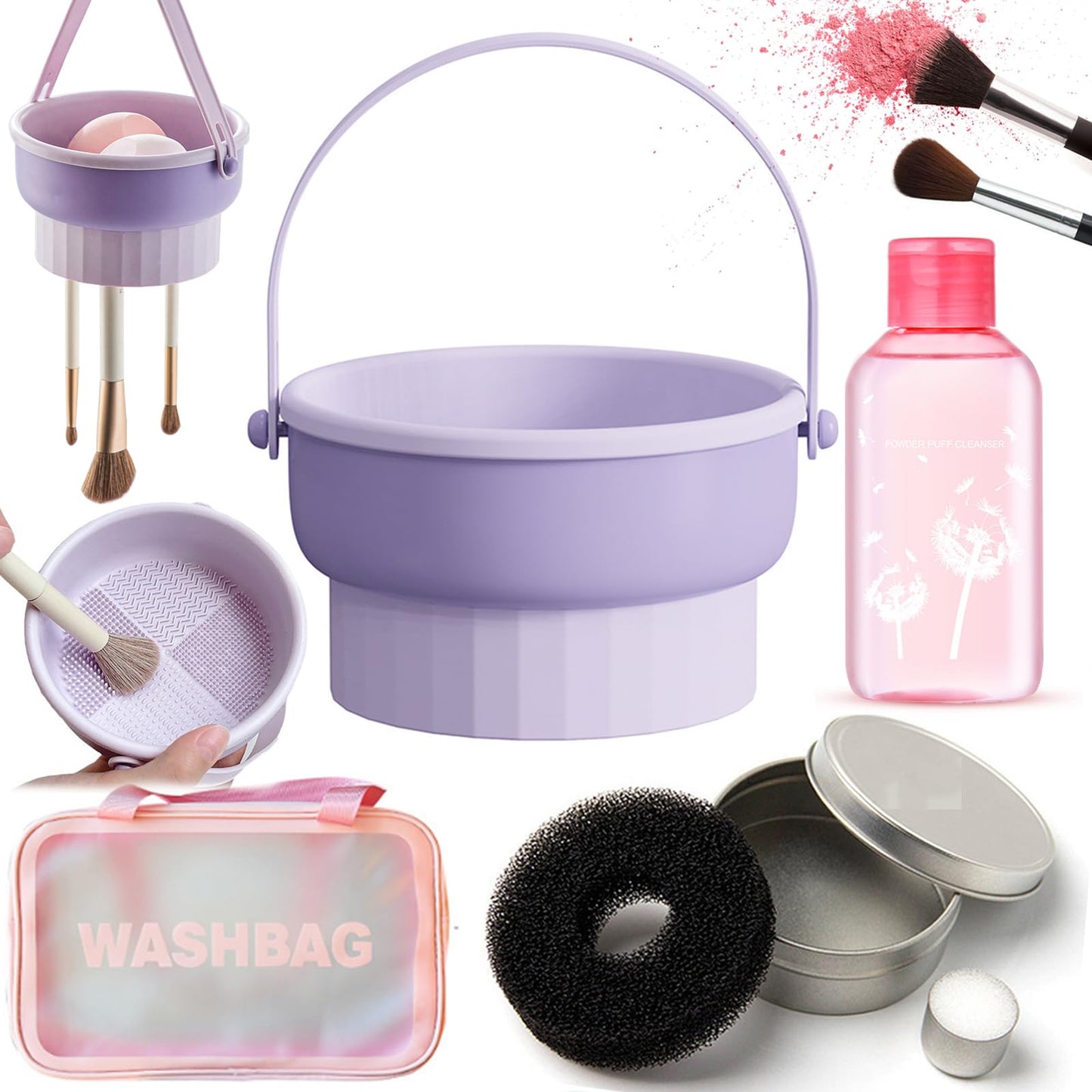 3 In 1 Makeup Brush Cleaning Set Multifunctional Washing Bowl Drying Basket with Handle Silicone Cleaner Mat Removal Cleaner Sponge 150ml/5.12fl.oz Professional Makeup Brush Cleaner