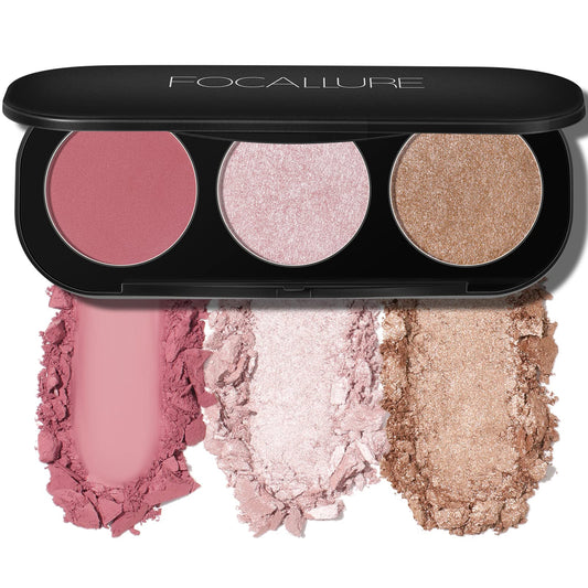 FOCALLURE Blush and Highlighter Palette,3 in 1 Makeup Powder, Cruelty-Free Matte, Shimmer Illuminator for a Glowing Look,#03