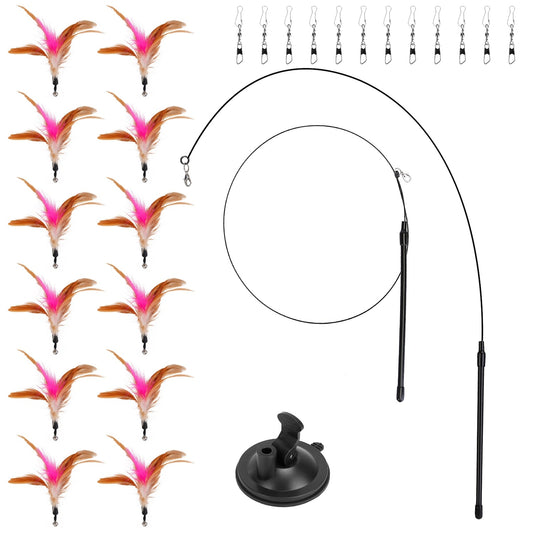 Cat Feather Wand Rod with 12 Pieces Feather Replacements for Cats