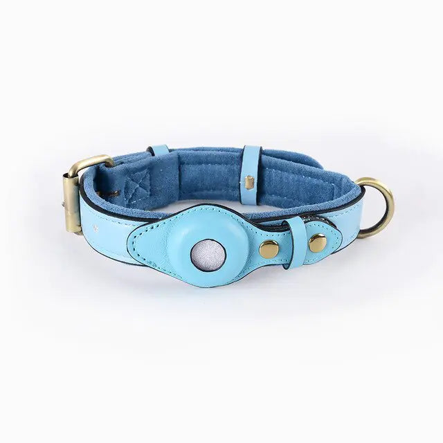 Leather Anti-Lost Dog Collar Blue L